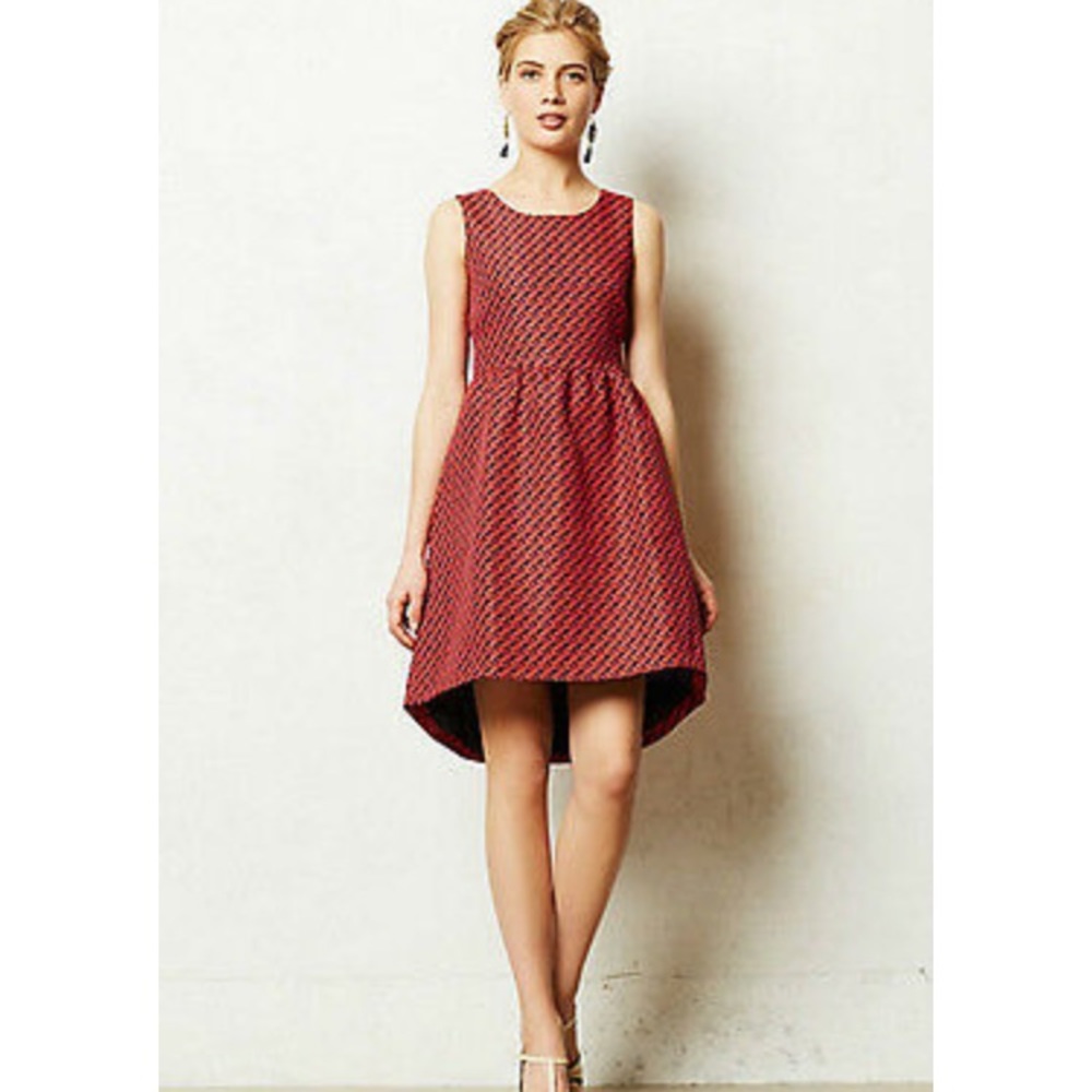 Anthropologie Lili Wang Red Geo Jacquard dress, size 0